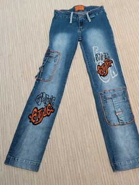 90's low rise distressed faded graffiti gothic letters embroidered flared jeans